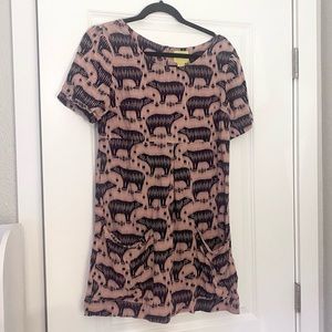 Maeve Anthropologie Bear Print Dress Beige/Dusty Pink and Black Size 6